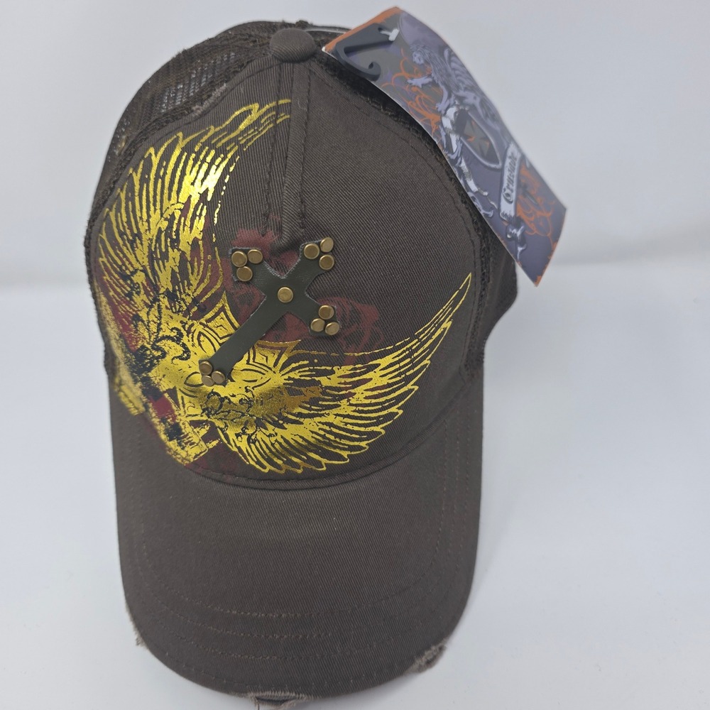 Crusade Trucker Hat OSFM Winged Cross Studded Cotton Blend Snapback Brown NEW